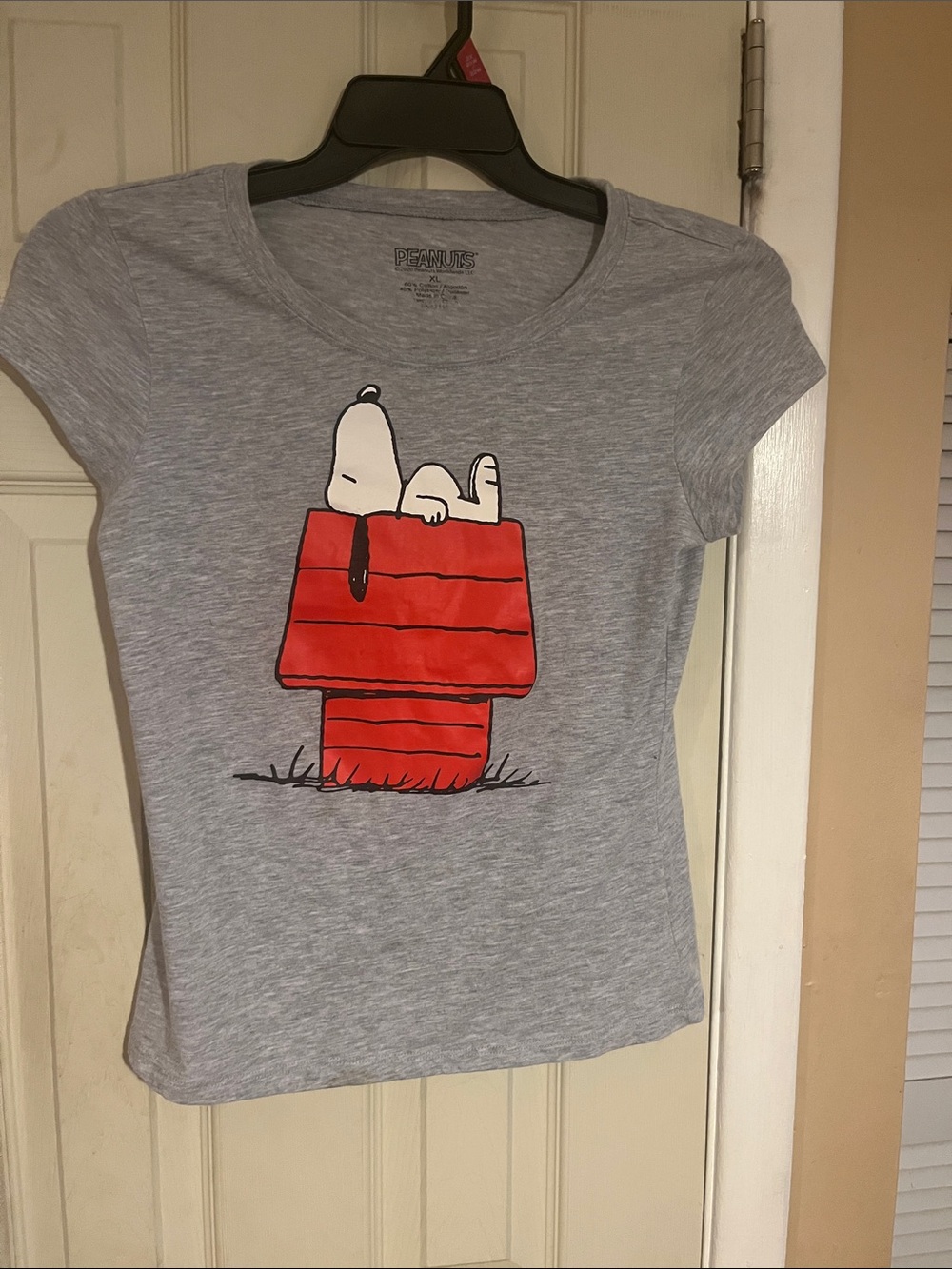 Peanuts womens Gray Tee with Red Snoopy Doghouse Graphic
